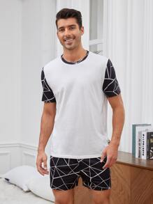 SHEIN Men Geo Print PJ Set - Black and White - View 1