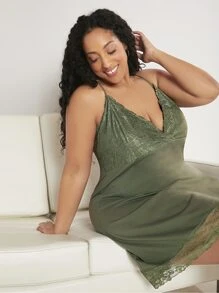 SHEIN CURVE+ Plus Contrast Lace Cami Nightdress - Army Green - View 1