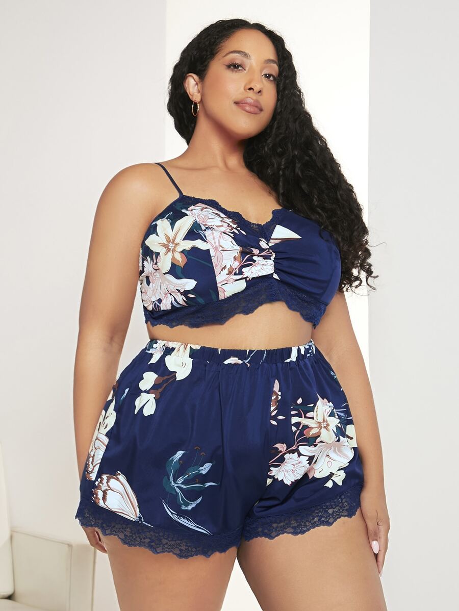 SHEIN CURVE+ Conjunto de pijama con estampado floral ribete con encaje fruncido - Azul Marino - Ver 1