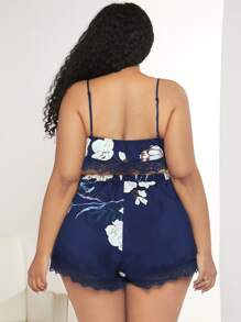 SHEIN CURVE+ Conjunto de pijama con estampado floral ribete con encaje fruncido - Azul Marino - Ver 2