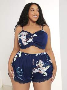 SHEIN CURVE+ Conjunto de pijama con estampado floral ribete con encaje fruncido - Azul Marino - Ver 3