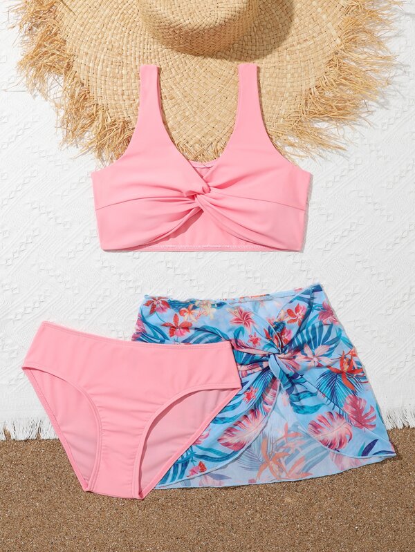 SHEIN Teen Girls Twist Bikini Swimsuit With Tropical Print Beach Skirt SHEIN USA