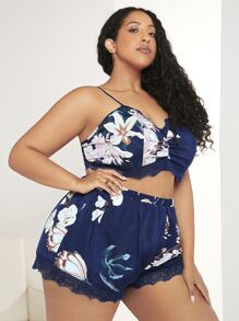 SHEIN CURVE+ Conjunto de pijama con estampado floral ribete con encaje fruncido - Azul Marino - Ver 5