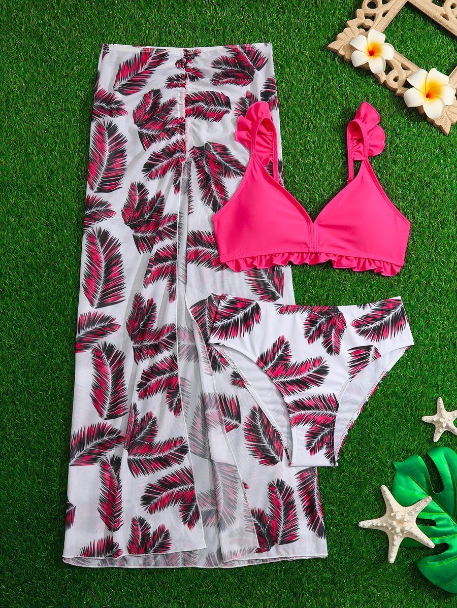 SHEIN 少女 3 件装 热带印花荷叶边比基尼套装和沙滩裙 夏季海滩