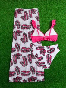 SHEIN 少女 3 件装 热带印花荷叶边比基尼套装和沙滩裙 夏季海滩