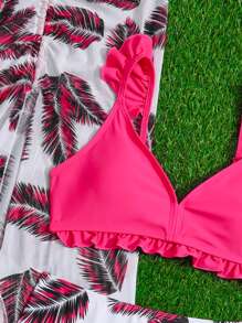 SHEIN 少女 3 件装 热带印花荷叶边比基尼套装和沙滩裙 夏季海滩