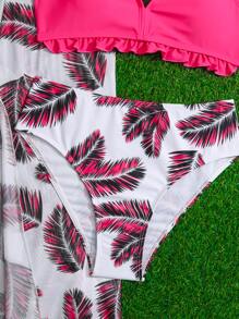 SHEIN 少女 3 件装 热带印花荷叶边比基尼套装和沙滩裙 夏季海滩