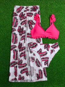 SHEIN 少女 3 件装 热带印花荷叶边比基尼套装和沙滩裙 夏季海滩