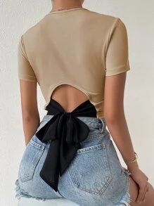 SHEIN Frenchy Tie Backless Ribbed Knit Tee Graphic Tees Women Tops - Khaki - View 1