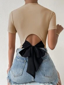 SHEIN Frenchy Tie Backless Ribbed Knit Tee Graphic Tees Women Tops - Khaki - View 4