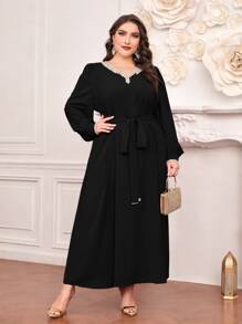 Modelyn Vestido con cinturón con diseño de diamante de imitación de manga farol - Negro - Ver 1