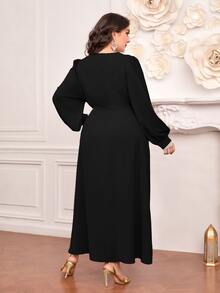 Modelyn Vestido con cinturón con diseño de diamante de imitación de manga farol - Negro - Ver 2