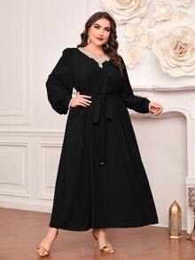 Modelyn Vestido con cinturón con diseño de diamante de imitación de manga farol - Negro - Ver 3