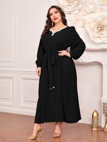 Modelyn Vestido con cinturón con diseño de diamante de imitación de manga farol - Negro - Ver 4