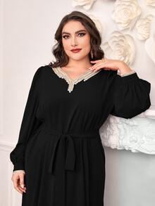 Modelyn Vestido con cinturón con diseño de diamante de imitación de manga farol - Negro - Ver 5