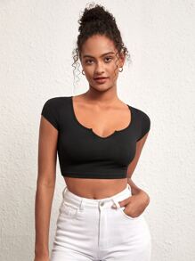 SHEIN BASICS Cổ có Lỗ hổng Áo phông Crop - màu đen - Xem 1