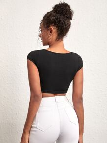 SHEIN BASICS Cổ có Lỗ hổng Áo phông Crop - màu đen - Xem 2