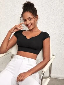 SHEIN BASICS Cổ có Lỗ hổng Áo phông Crop - màu đen - Xem 3