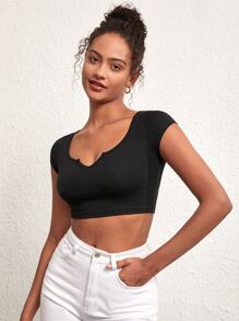 SHEIN BASICS Cổ có Lỗ hổng Áo phông Crop - màu đen - Xem 4