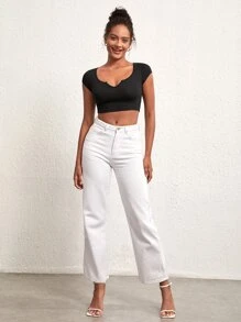 SHEIN BASICS Cổ có Lỗ hổng Áo phông Crop - màu đen - Xem 5