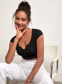 SHEIN BASICS Cổ có Lỗ hổng Áo phông Crop - màu đen - Xem 6