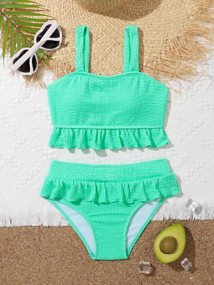 Conjunto de bikini con volantes en el bajo para niña preadolescente, playa de verano - verde menta - Ver 1