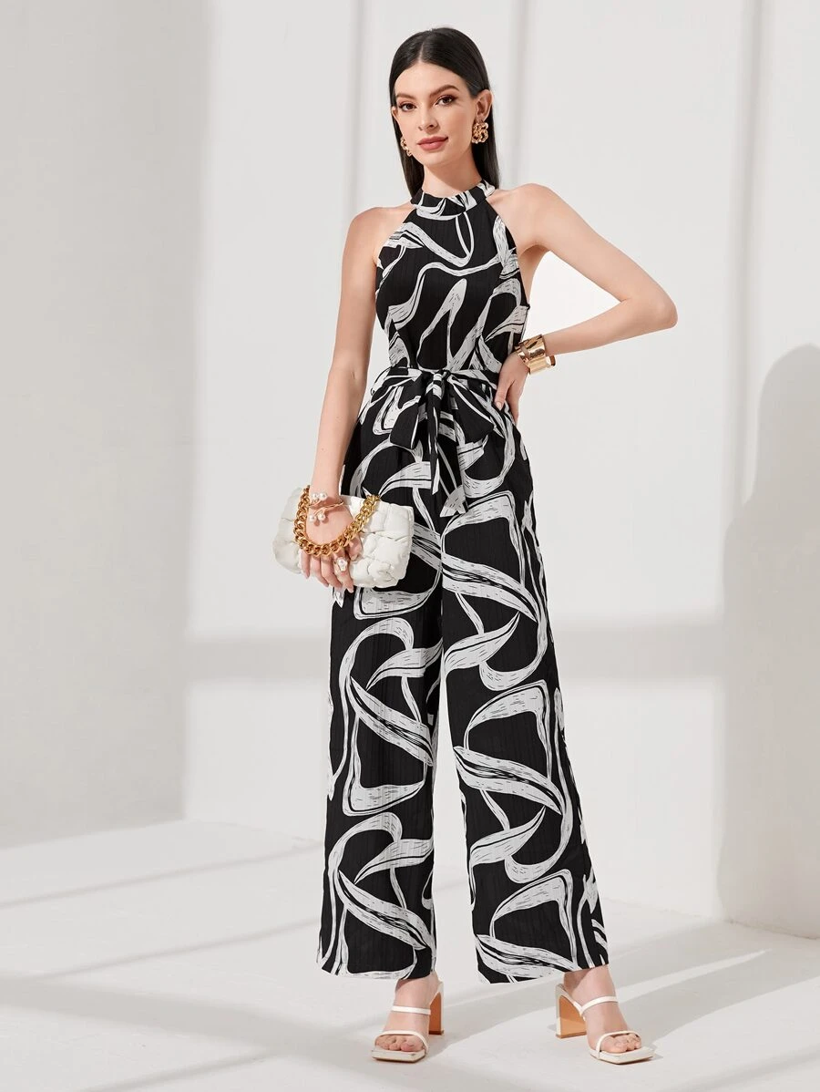Modelyn All Over Print Belted Halter Jumpsuit - Black - View 1