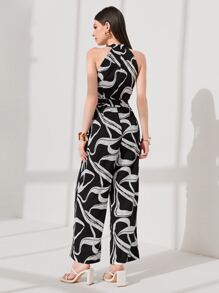 Modelyn All Over Print Belted Halter Jumpsuit - Black - View 2