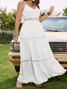 SHEIN VCAY 大碼蕾絲拼接荷葉邊吊帶連衣裙 - 白色 - 查看 1