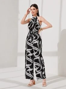 Modelyn All Over Print Belted Halter Jumpsuit - Black - View 5