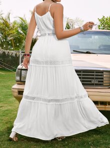 SHEIN VCAY 大碼蕾絲拼接荷葉邊吊帶連衣裙 - 白色 - 查看 2