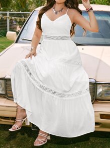 SHEIN VCAY 大碼蕾絲拼接荷葉邊吊帶連衣裙 - 白色 - 查看 3