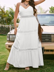 SHEIN VCAY 大碼蕾絲拼接荷葉邊吊帶連衣裙 - 白色 - 查看 4