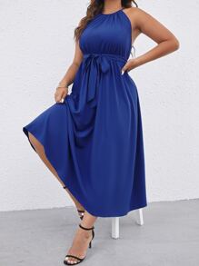 SHEIN Unity Đầm Plus Size Buộc lại Thắt lưng màu trơn Giải trí - Màu xanh lam - Xem 5