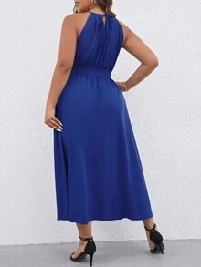 SHEIN Unity Đầm Plus Size Buộc lại Thắt lưng màu trơn Giải trí - Màu xanh lam - Xem 2