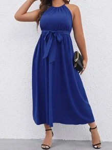 SHEIN Unity Đầm Plus Size Buộc lại Thắt lưng màu trơn Giải trí - Màu xanh lam - Xem 3