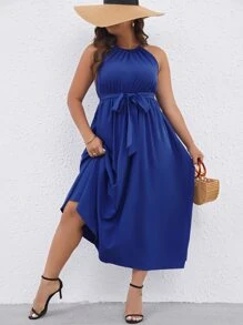SHEIN Unity Đầm Plus Size Buộc lại Thắt lưng màu trơn Giải trí - Màu xanh lam - Xem 1
