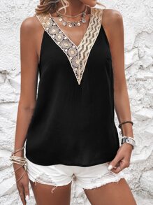 SHEIN LUNE Guipure Lace V Neck Blouse - Black - View 4