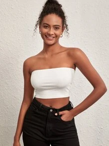 SHEIN BASICS 夏季實心休閒針織短款管頂 - 白色 - 查看 5