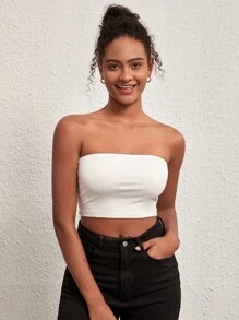 SHEIN BASICS 夏季實心休閒針織短款管頂 - 白色 - 查看 6