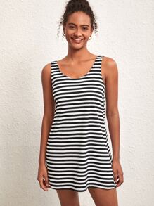 SHEIN BASICS Striped Round Neck Tank Summer Dress - Black - View 1