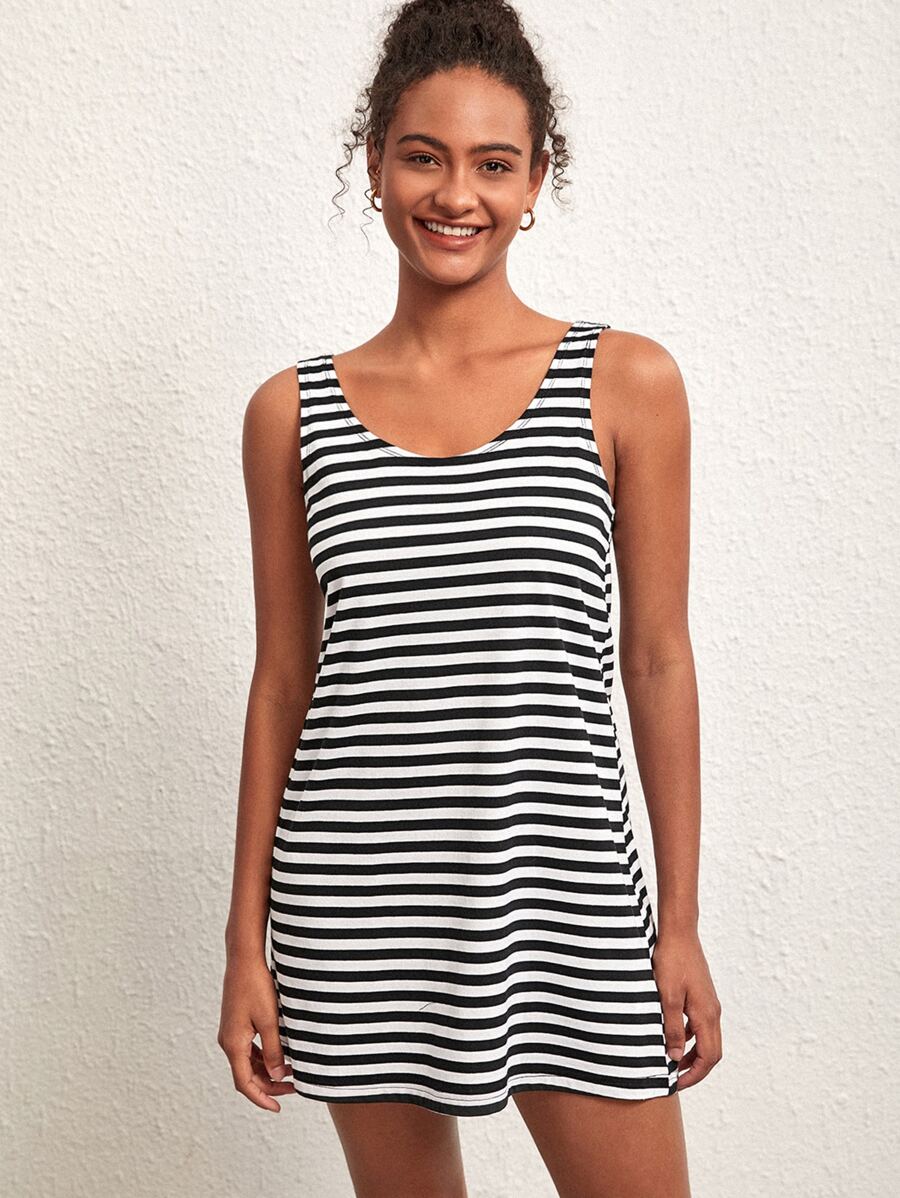 SHEIN BASICS Striped Round Neck Tank Summer Dress - Black - View 1