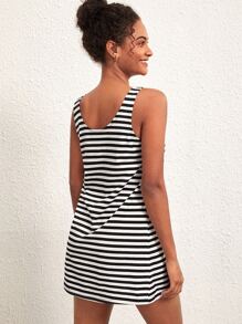 SHEIN BASICS Striped Round Neck Tank Summer Dress - Black - View 2