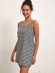 SHEIN BASICS Striped Round Neck Tank Summer Dress - Black - View 5