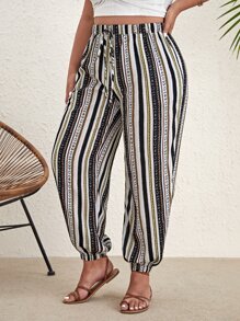 SHEIN VCAY Pantalones con estampado geométrico de cintura con nudo - Multicolor - Ver 3