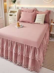 刺繡蕾絲荷葉邊床裙臥室粉色柔軟床上用品 - 粉色 - 查看 1