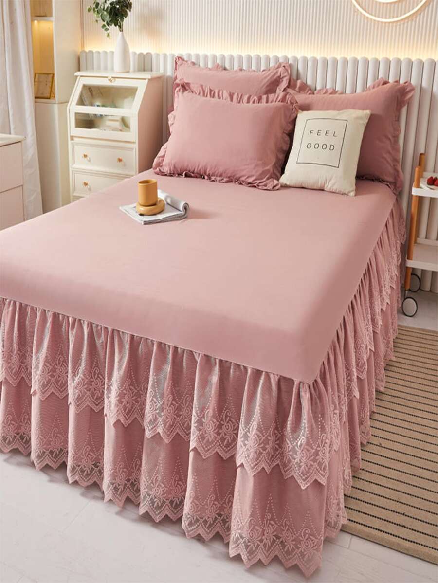 刺繡蕾絲荷葉邊床裙臥室粉色柔軟床上用品 - 粉色 - 查看 1