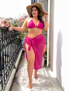 Swim Mod Summer Beach Plus Ruffle Trim Tie Side Mesh Skirt - Red Violet - View 5