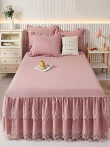 刺繡蕾絲荷葉邊床裙臥室粉色柔軟床上用品 - 粉色 - 查看 7