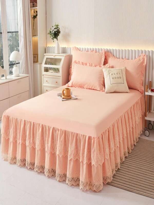 Embroidery Lace Ruffle Bed Skirt, Pink Soft Bedding For Bedroom SHEIN USA